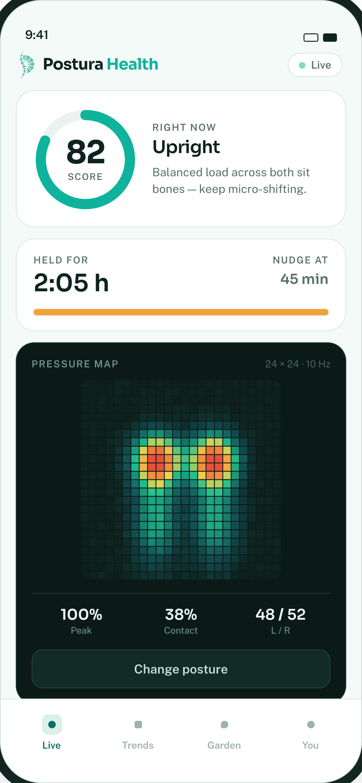 Postura Health app showing a live posture score and pressure map